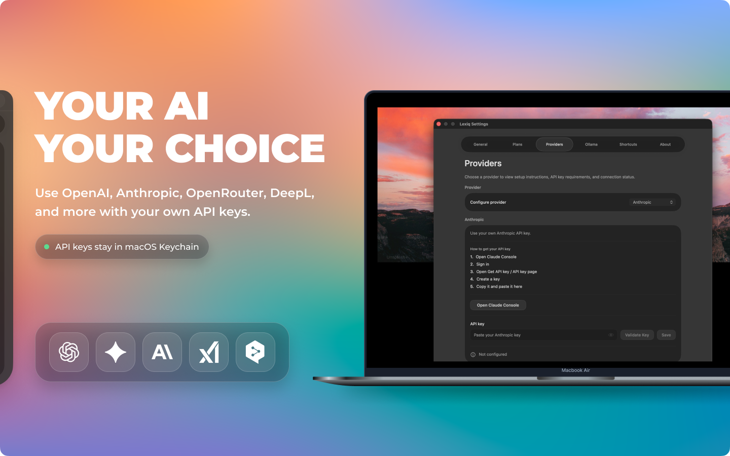 Lexiq App Store preview showing selectable AI providers and Keychain storage