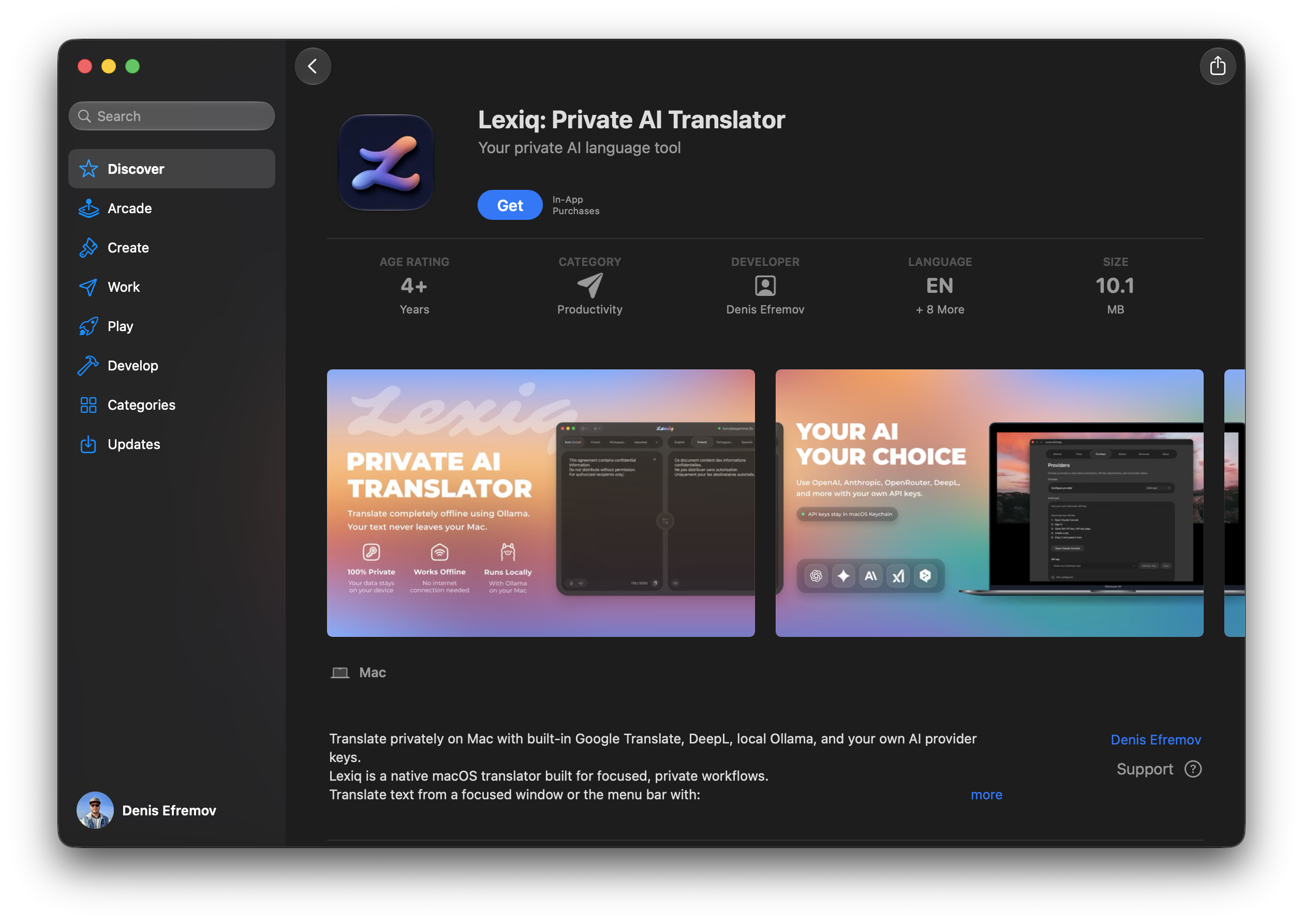 Lexiq listed in the Mac App Store with its private AI translator screenshots
