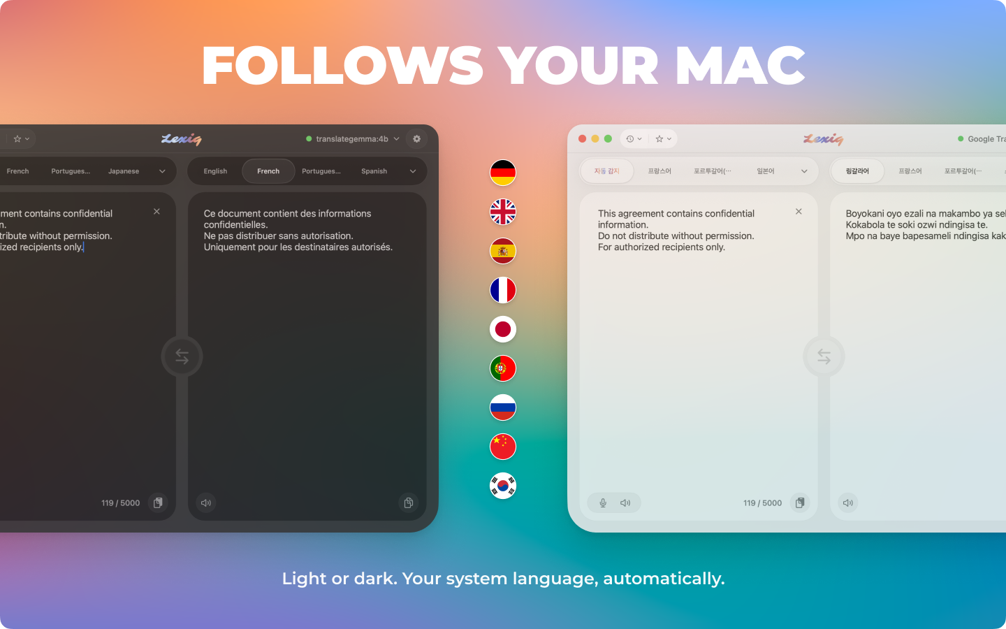 Lexiq App Store preview showing translation anywhere with a macOS Notes selection and shortcut