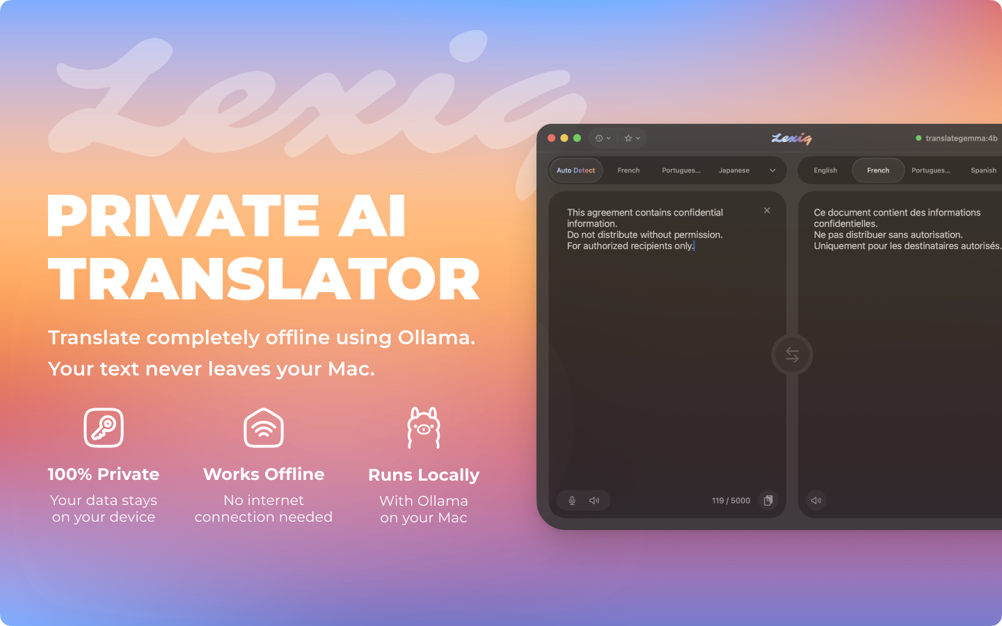 Lexiq macOS App Store preview for private offline translation