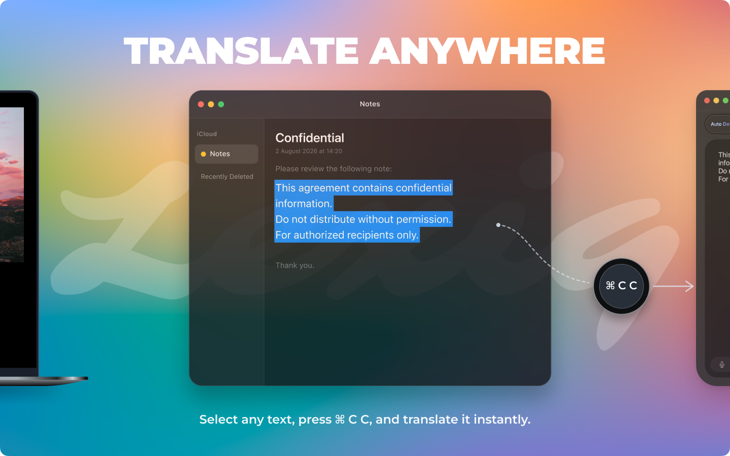 Lexiq App Store preview showing selected text translated with the Command C C shortcut