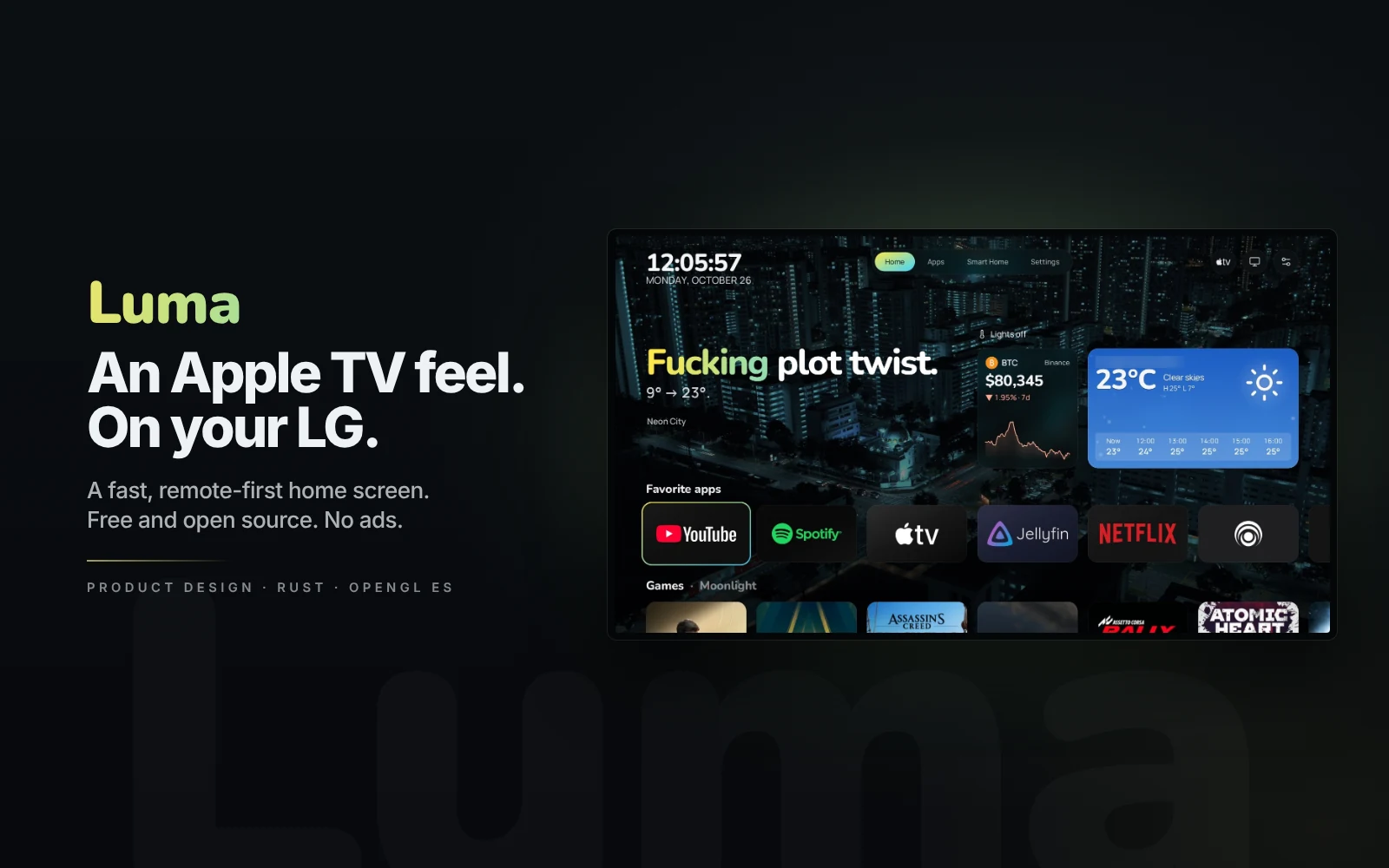 Luma, a free open-source home screen for LG webOS TVs, on an LG OLED in a living room