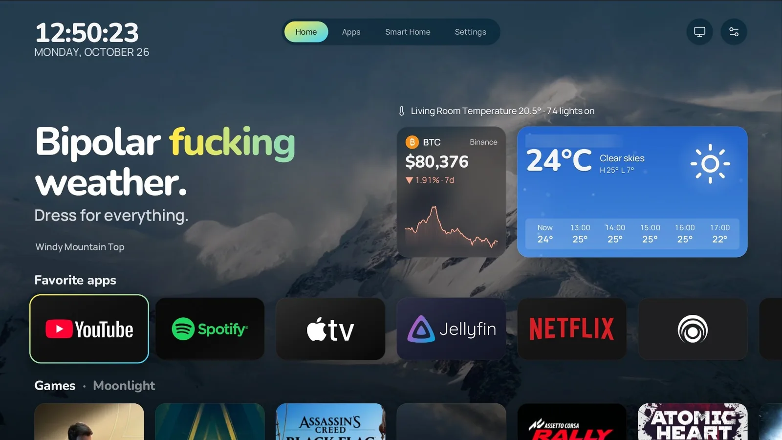 Home with weather and crypto widgets
