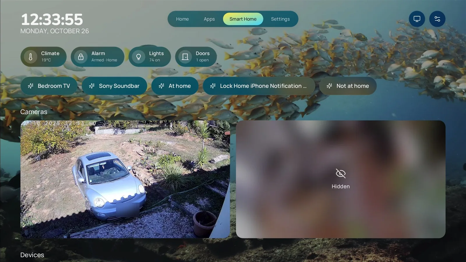 Luma Smart Home tab with status chips, scenes and live cameras