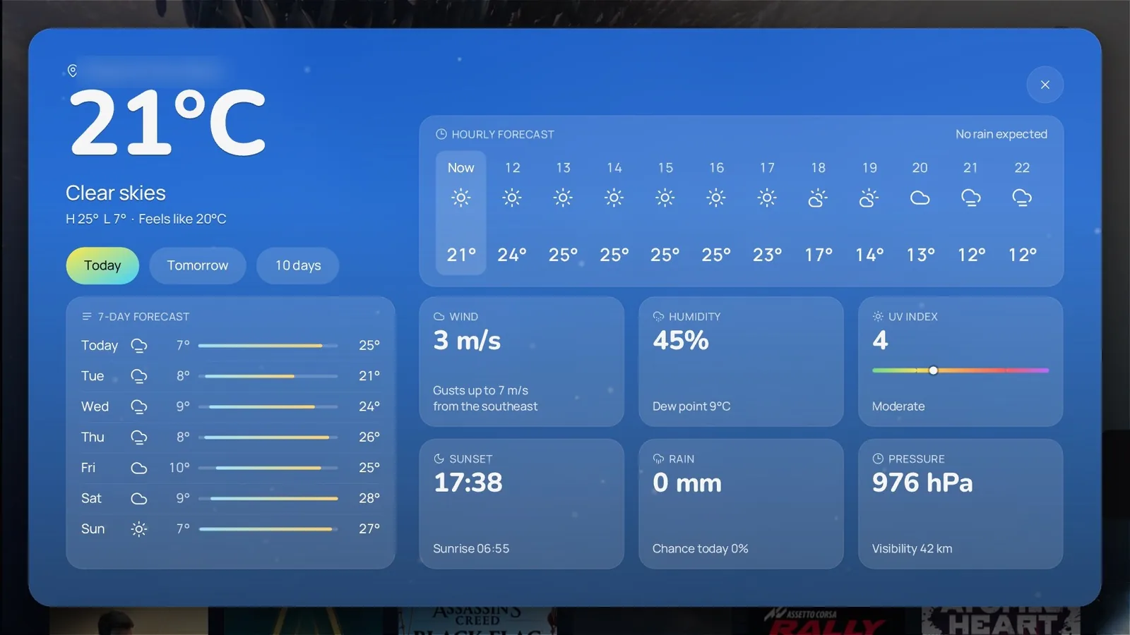 Luma weather widget expanded: hourly forecast, 7-day forecast, wind, humidity and UV