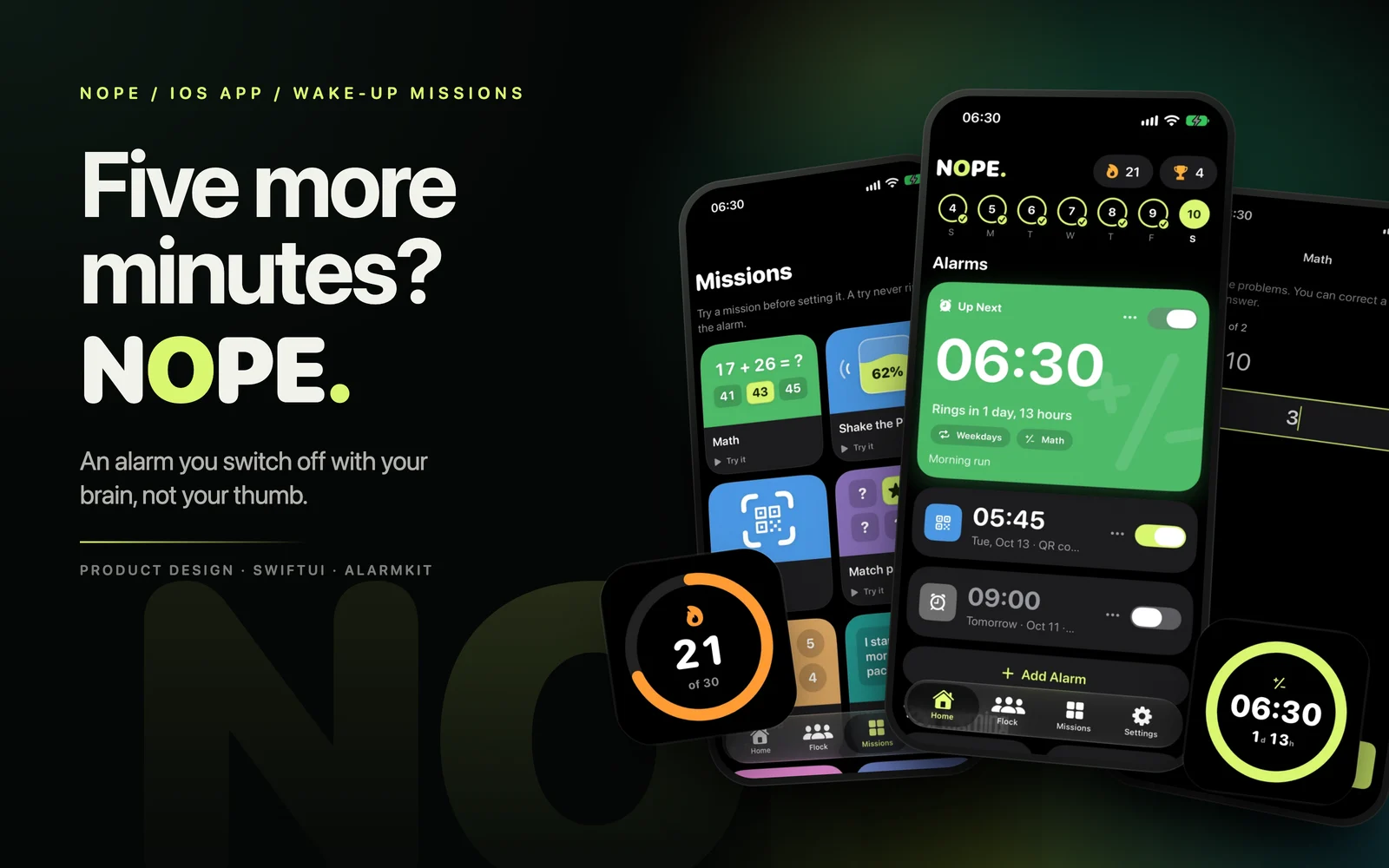 NOPE iOS alarm app with wake-up missions, home screen and widgets