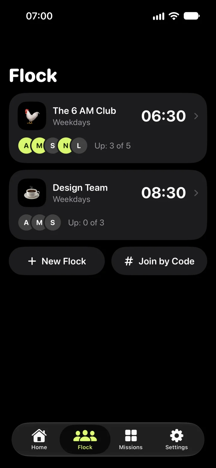 Flock tab with two group alarms, New Flock and Join by Code