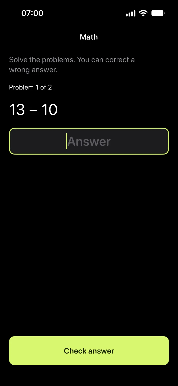 NOPE — ● Alarm · Math 06:30 Morning run ⏰ Start mission Stop rings again in 10 s