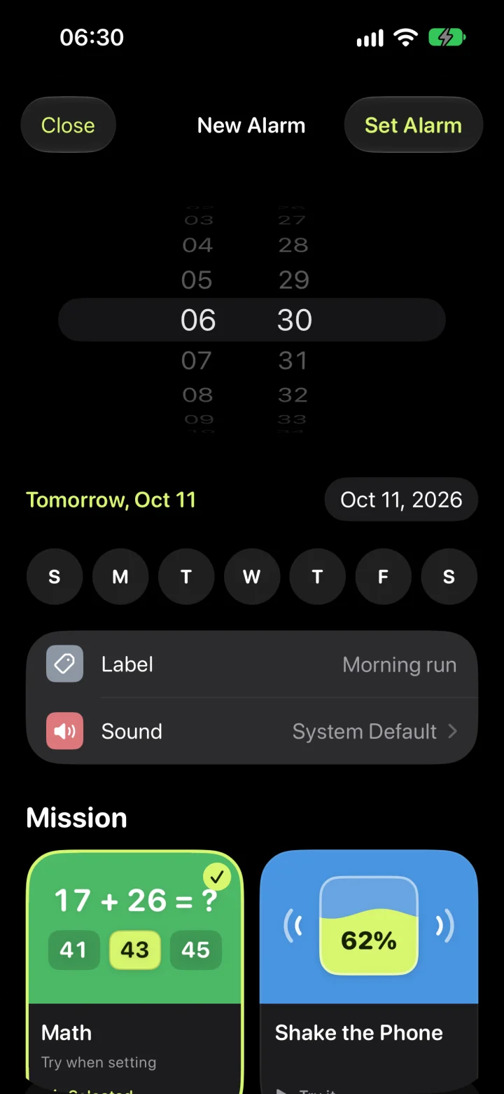 NOPE — ● Alarm · Math 06:30 Morning run ⏰ Start mission Stop rings again in 10 s