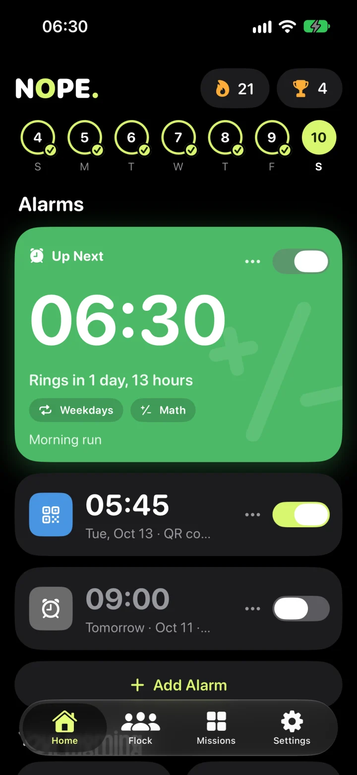 NOPE home with next alarm and streak