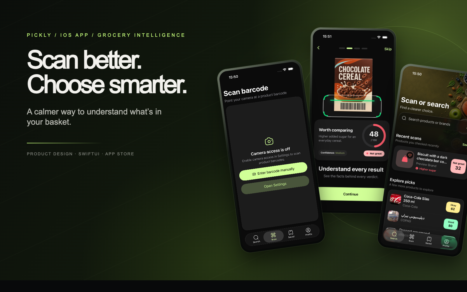 Pickly iOS grocery scanner with barcode scan, verdict, and personalized picks
