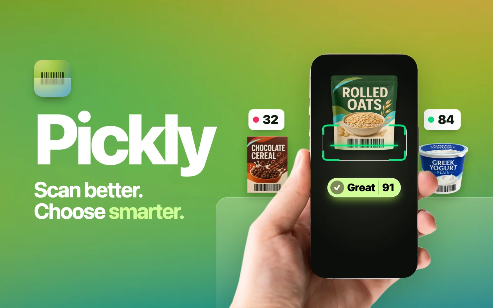 Pickly iOS grocery scanner: a barcode under the scanner with a Good verdict, between the home and result screens