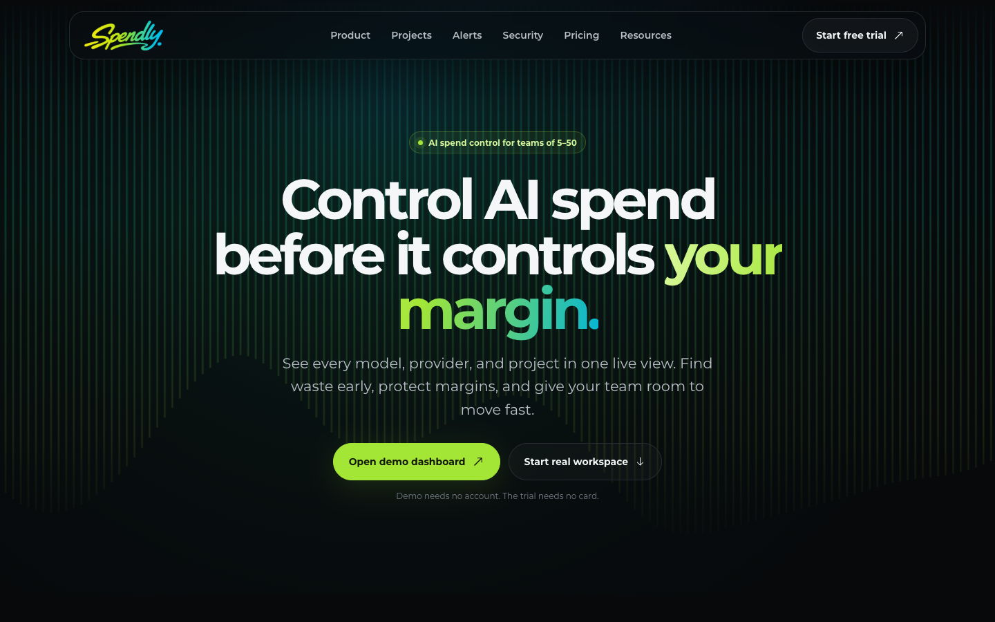 Spendly landing page introducing AI spend control for teams of five to fifty