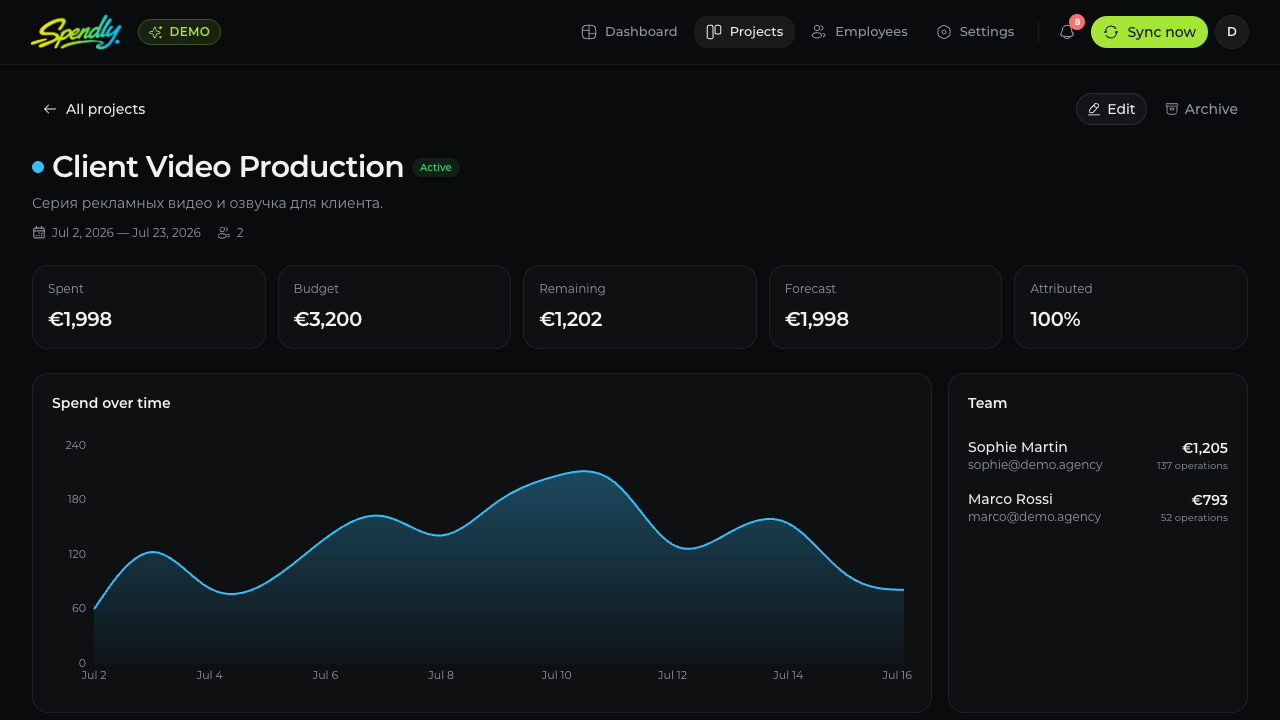 Spendly project detail screen showing budget metrics, spend over time, and team attribution
